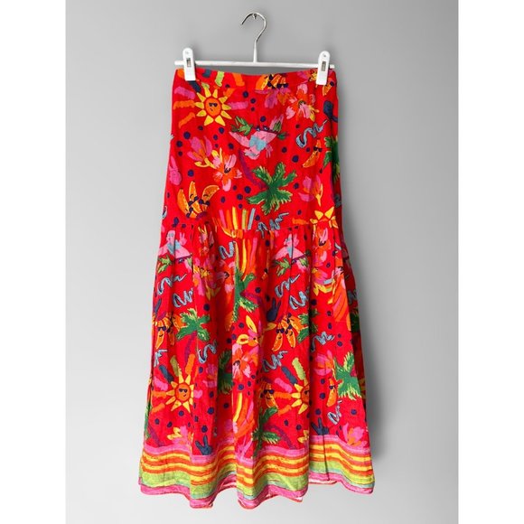 Maison d' Amelie Hawaiian Multicolor Linen Boho Peasant Tiered Midi Skirt XS - Picture 1 of 6